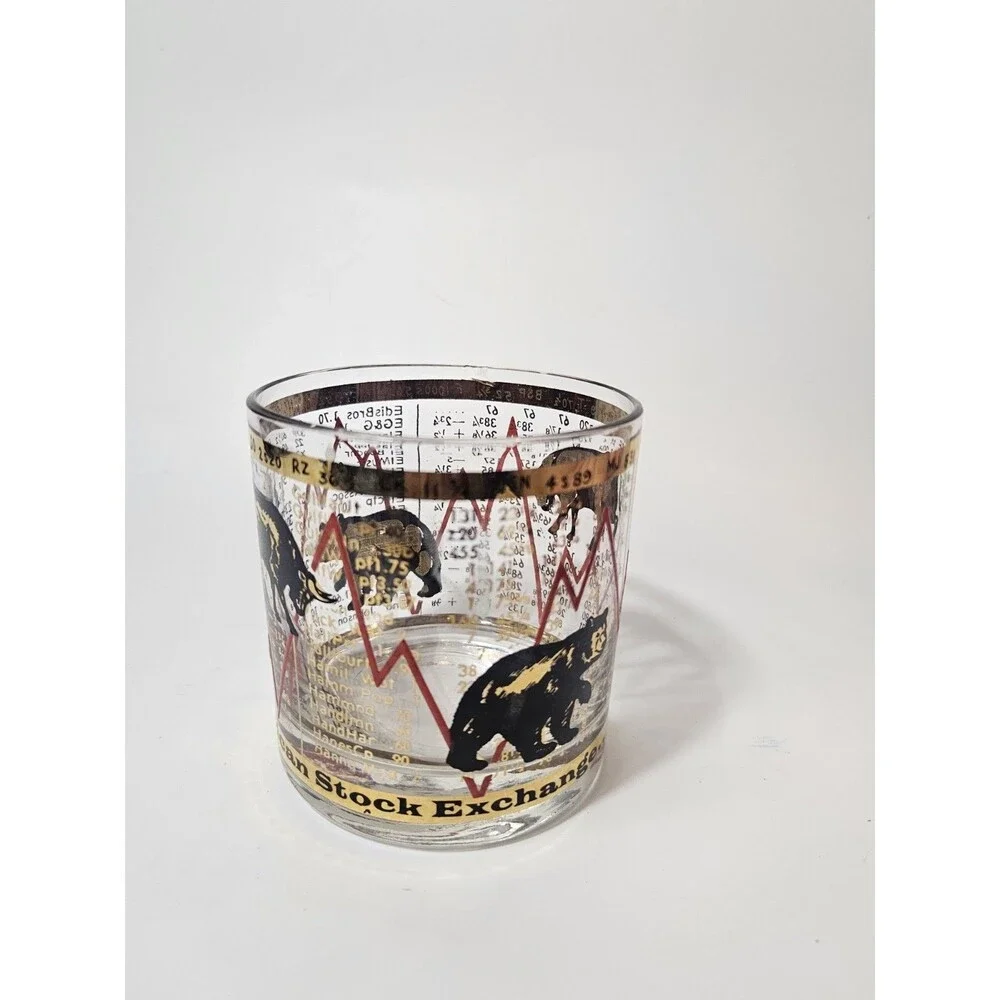 Set of 2 Vintage MCM Hammacher Schlemmer Stock Market Bull/Bear Lowball Glasses